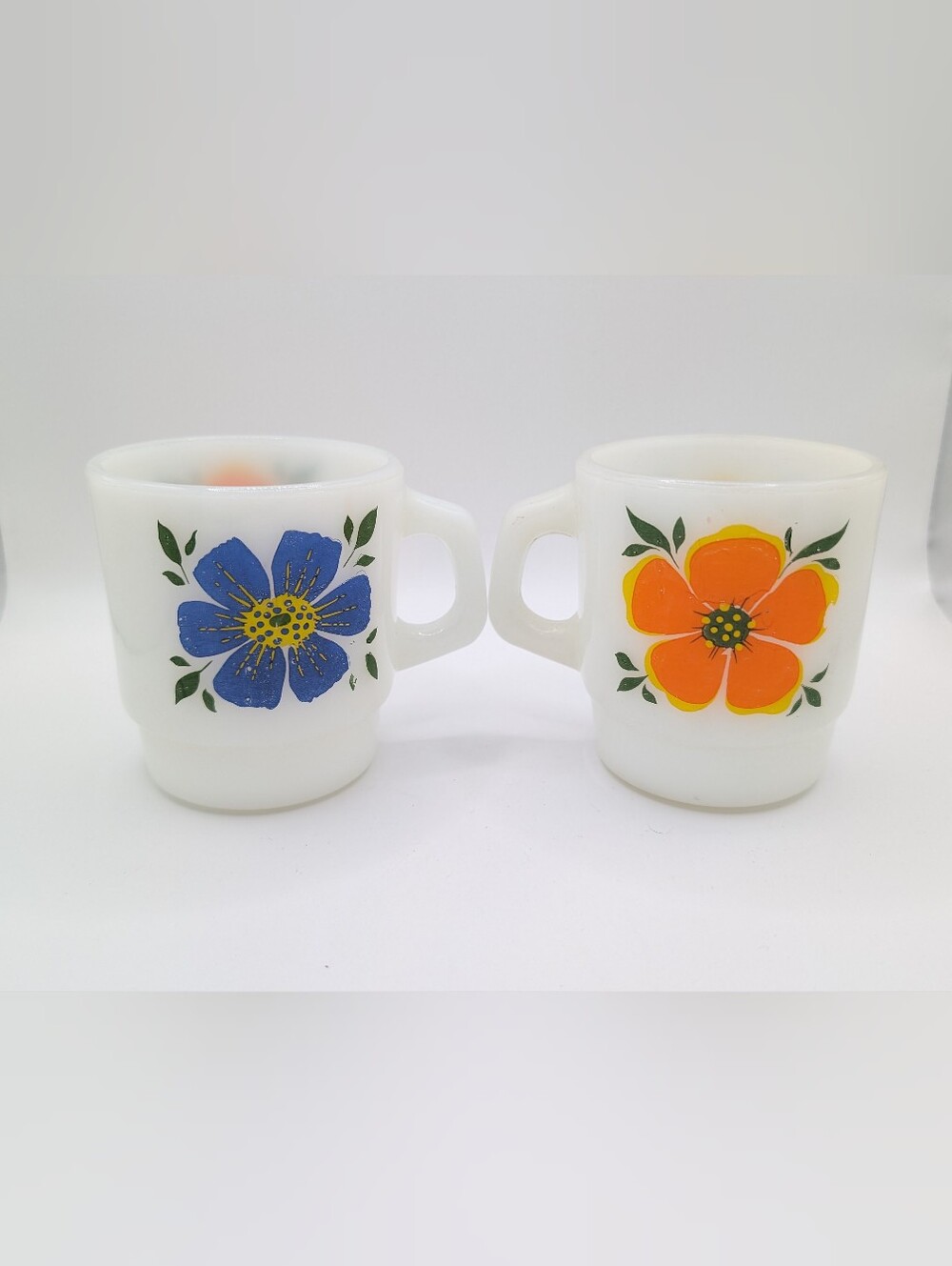 Vintage Floral Milk Glass Mugs Anchor Hocking Oven Safe Lot Of Two
